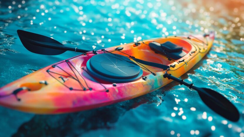 Multicolored kayak floating on crystal clear water, with a black paddle resting across the seat. The sunlight reflects off the rippling water, creating a serene and inviting atmosphere for a kayaking adventure.